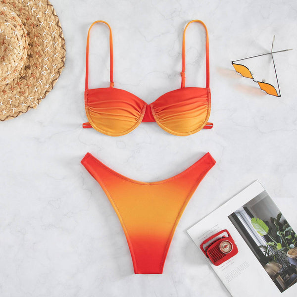 Faded Spaghetti Straps Two Piece High Waist Bikini Orange