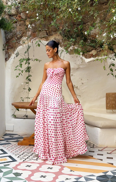 Red Polka Dots Tie Front One Piece Swimsuit With Maxi Cover Up