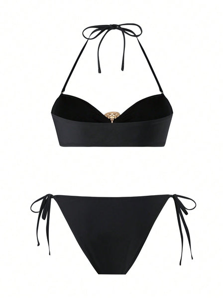 Black Abstract Halter Bikini Set With Beach Skirt