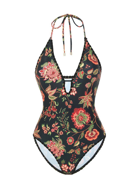 Black Floral Halter One Piece Swimsuit With Sarong