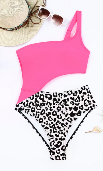 Rose Leopard Patchwork Asymmetric Cutout One Piece Swimsuit Pink