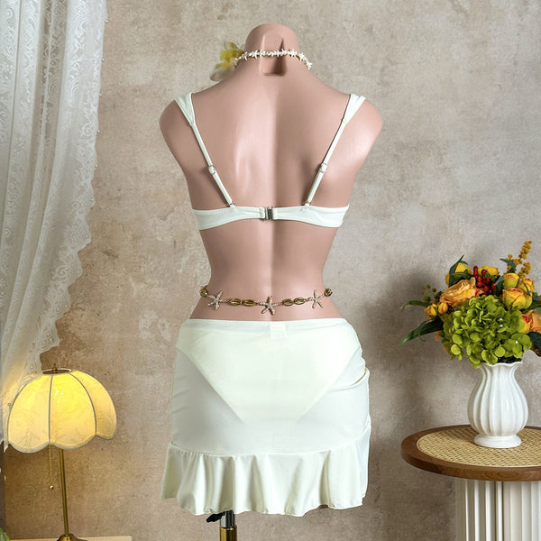 White Solid Underwire Bikini Set With Beach Skirt