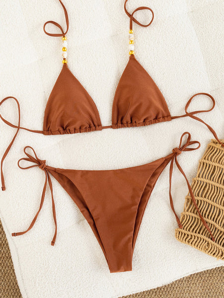 Dark Orange Solid Halter Bikini Set