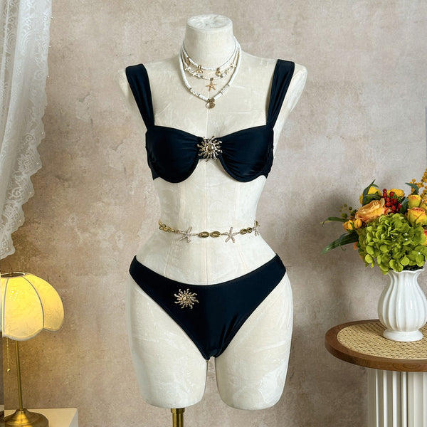 Black Solid Underwire Bikini Set With Beach Skirt