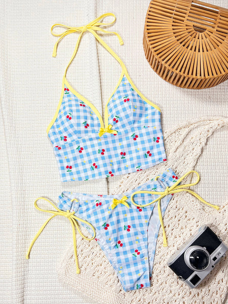 Light Blue Gingham Halter Bikini Set