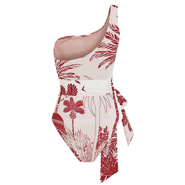 Multicolor Tropical One Shoulder One Piece Swimsuit With Sarong