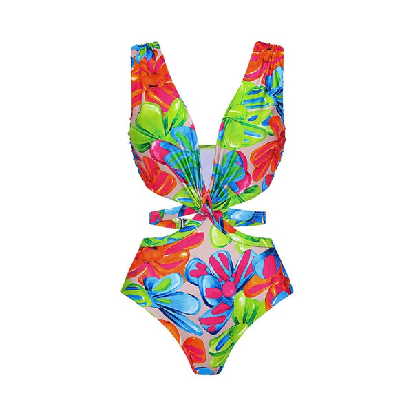 Multicolor Floral Deep V One Piece Swimsuit With Beach Skirt