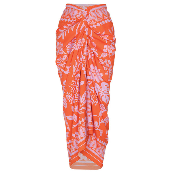 Orange Tropical One Shoulder One Piece Swimsuit With Sarong