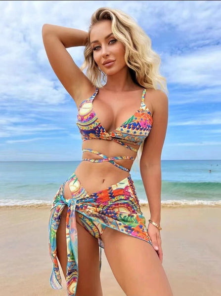 All Over Print Bikini Set Lace Up Backless Triangle Bra with Bottom And Tie Front Beach Skirt 3 Piece Swimsuit Green