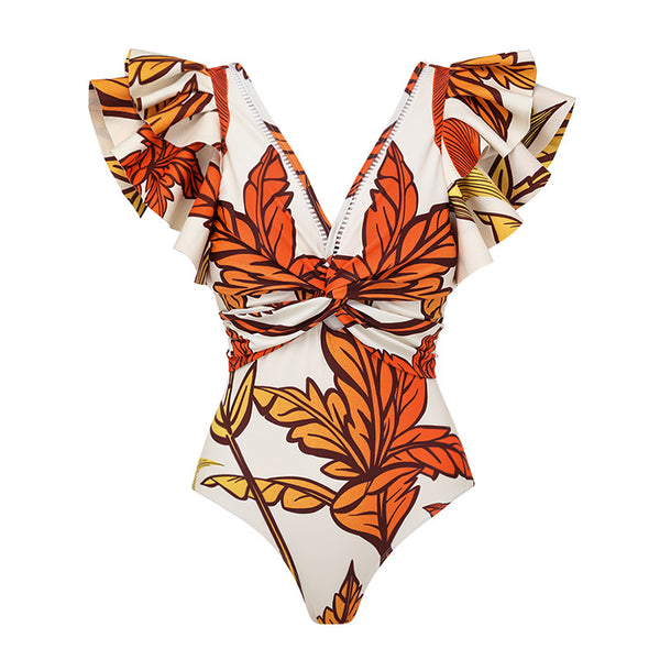Multicolor Tropical Ruffle One Piece Swimsuit With Sarong