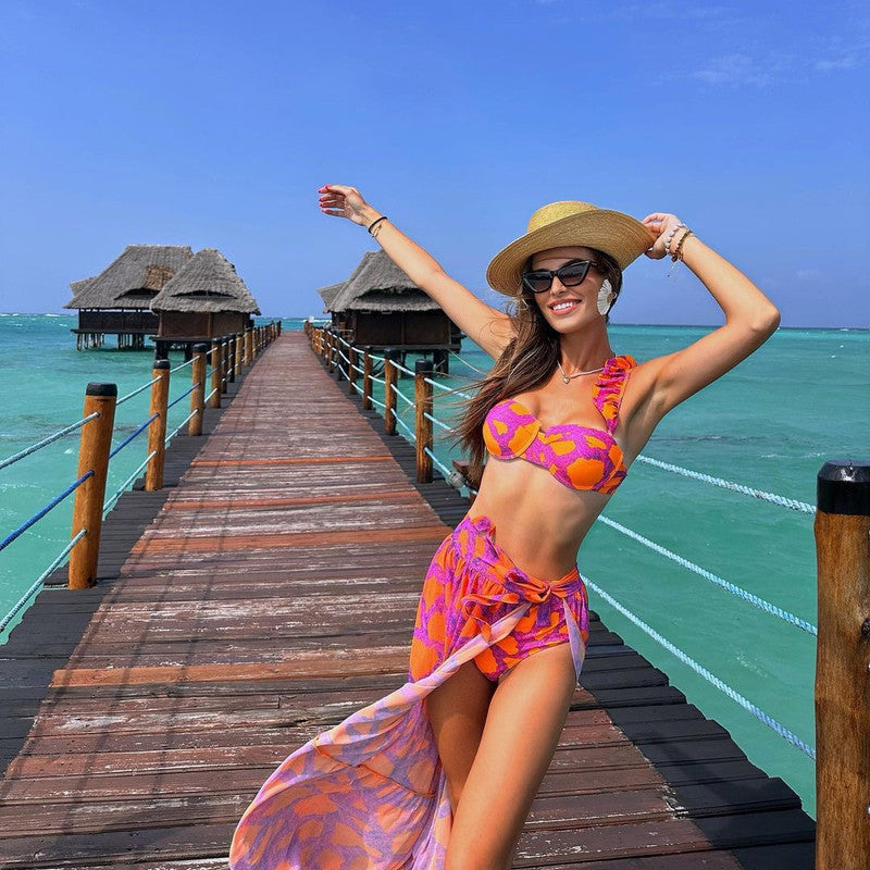 Shoulder Strap Multicolored Fuchsia Three Piece Swimsuit Dark Pink