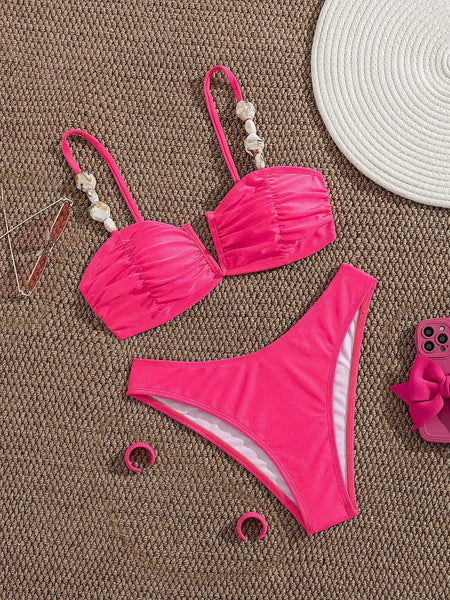 Pink Solid High Leg Bikini Set