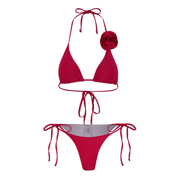 Solid Halter Neck Three Piece Bikini Swimsuit Flower Décor Maroon