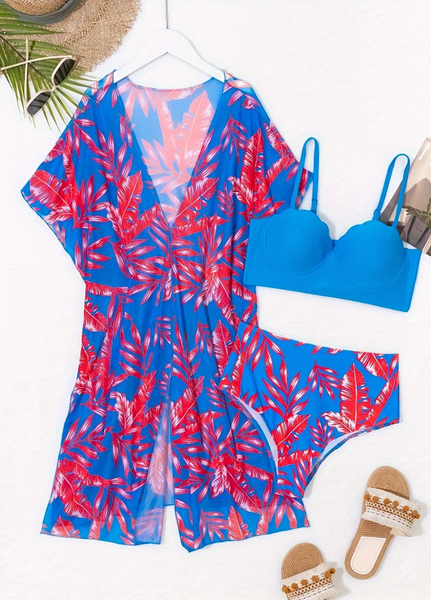 Shell Pattern High Waist Three Piece Swimsuit Blue