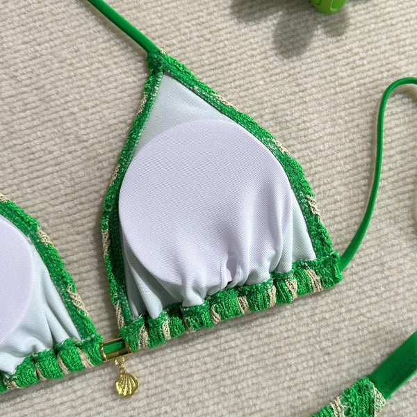 Green Stripes Halter Bikini Set With Beach Pants