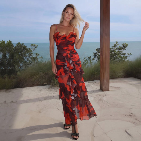 Red Floral Ruffle One Piece Swimsuit With Beach Skirt
