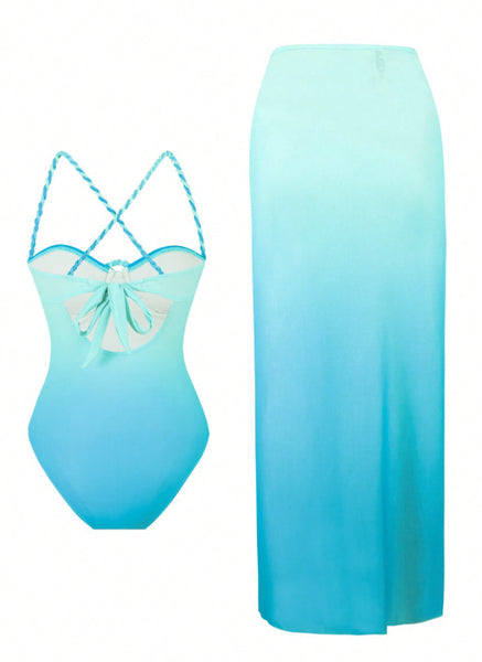 Light Blue Ombre One Piece Swimsuit With Sarong