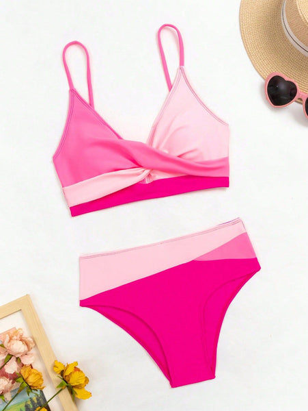 Pink Solid High Waisted Bikini Set
