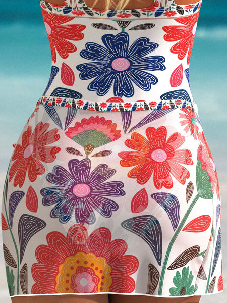 Multicolor Floral Ruched Swimsuit With Beach Skirt