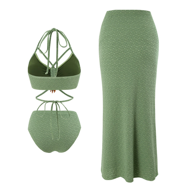 Green Solid Halter Bikini Set With Beach Skirt
