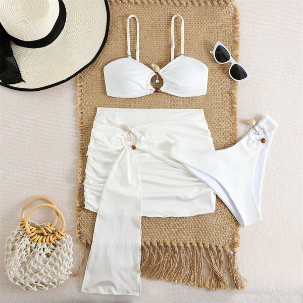 White Solid Cut Out Bikini Set With Beach Skirt