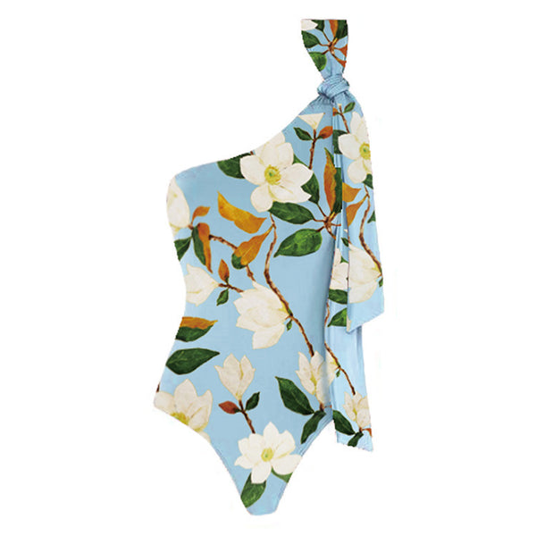 Sky Blue Floral One Shoulder One Piece Swimsuit With Beach Skirt
