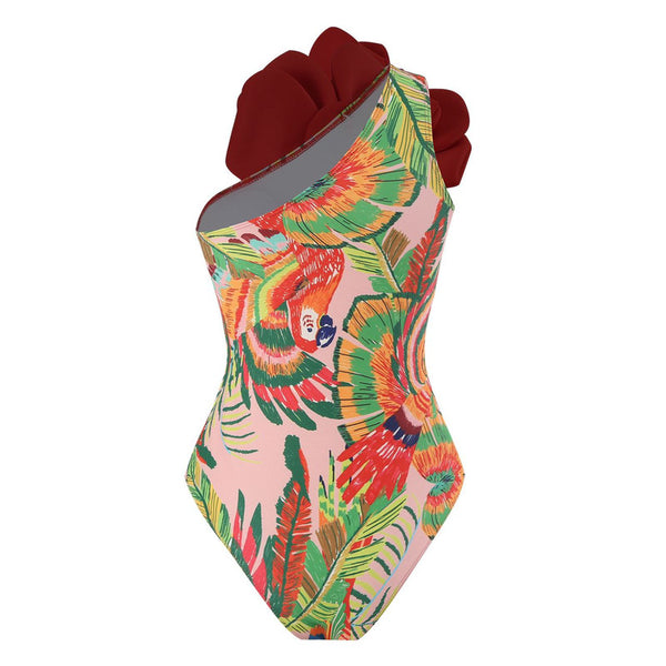 Red Tropical One Shoulder One Piece Swimsuit With Sarong