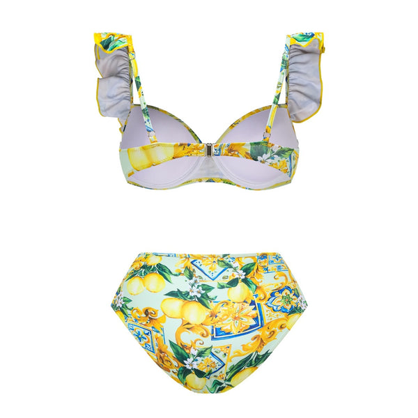 Yellow Fruit Print Underwire Bikini Set With Sarong