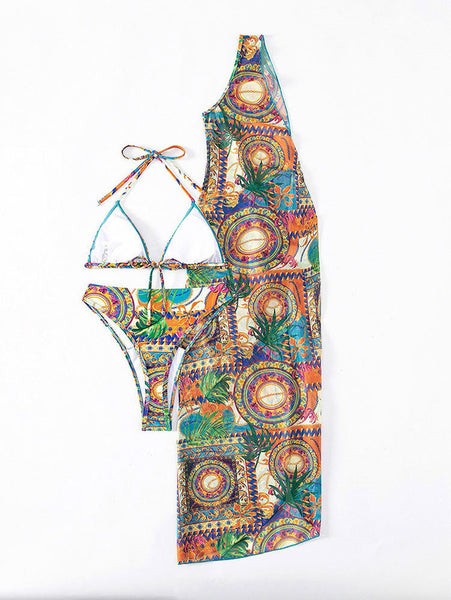 Multicolor Mixed Print Halter Bikini Set with Sheer Robe