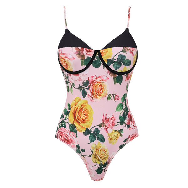 Light Pink Floral Underwire One Piece Swimsuit With Beach Skirt