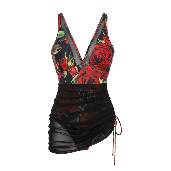 Black Floral Ruched Swimsuit