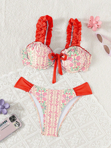 Red Floral Ruffle Bikini Set