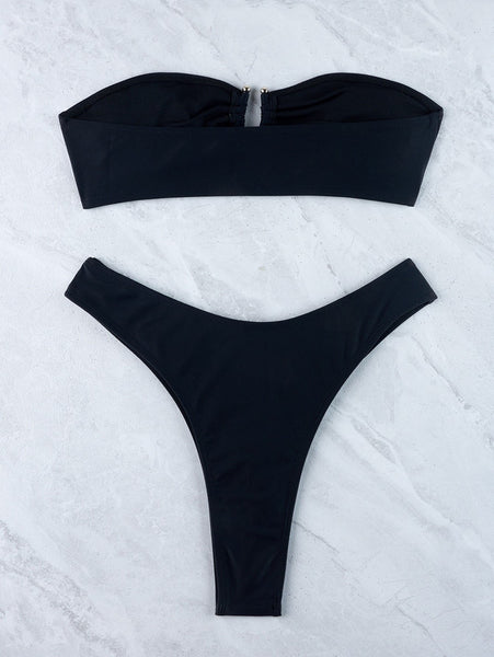 Solid Strapless Front Hook Two Piece Bikini Black