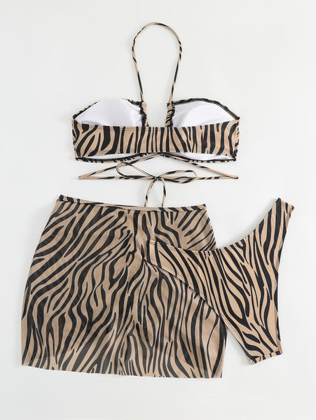 Swim 3pack Zebra Stripe Lace Up Bikini Swimsuit & Beach Skirt