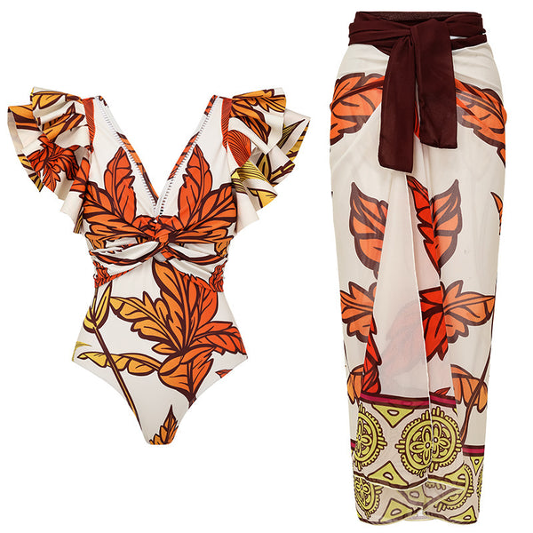 Multicolor Tropical Ruffle One Piece Swimsuit With Sarong