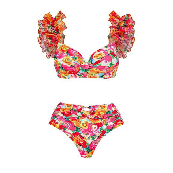 Flower Print Shoulder Straps Two Piece Bikini With Cover Up Swimsuit Multicolor