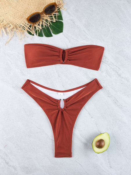 Solid Strapless Front Hook Two Piece Bikini Brown