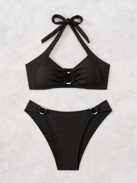 Black Solid Halter Bikini Set