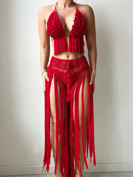 Red Solid Crochet Tassel Halter Top With High Waisted Skirt