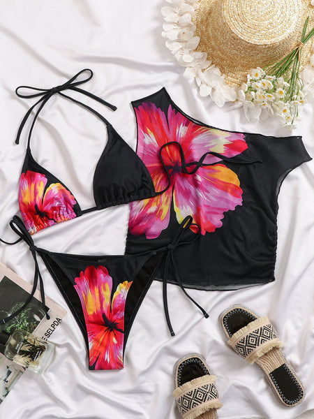 Black Floral Halter Bikini Set With Mesh Crop Top