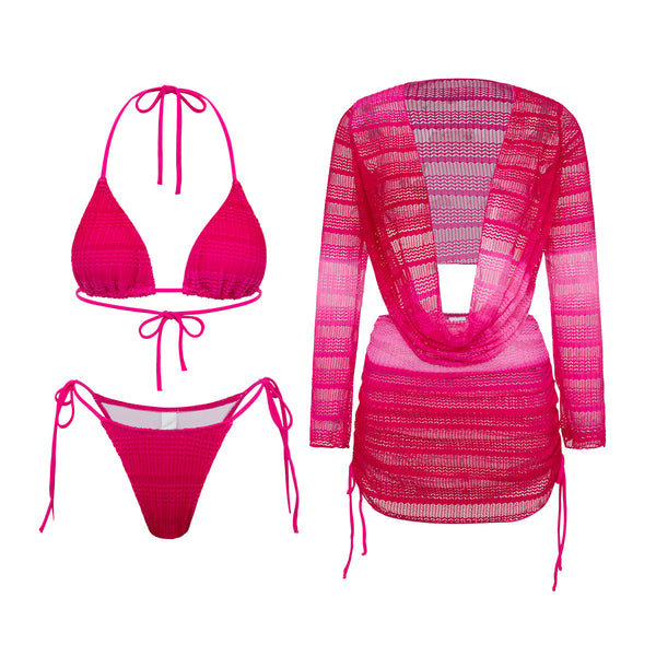 Pink Tie Dye Halter Bikini Set With Long Sleeve Cover Up & Beach Skirt