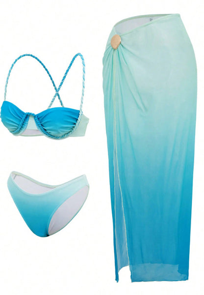 Light Blue Ombre Underwire Bikini Set With Sarong