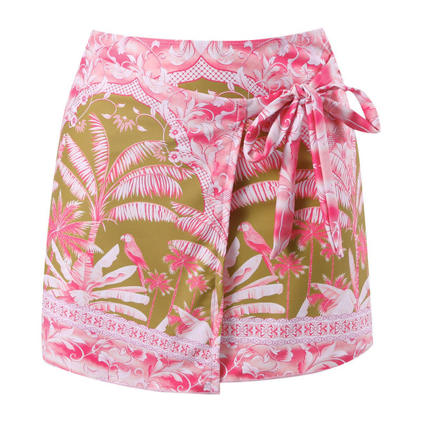 Tropical Print V-neck Flower Decor One Piece Swimsuit With Skirt Pink