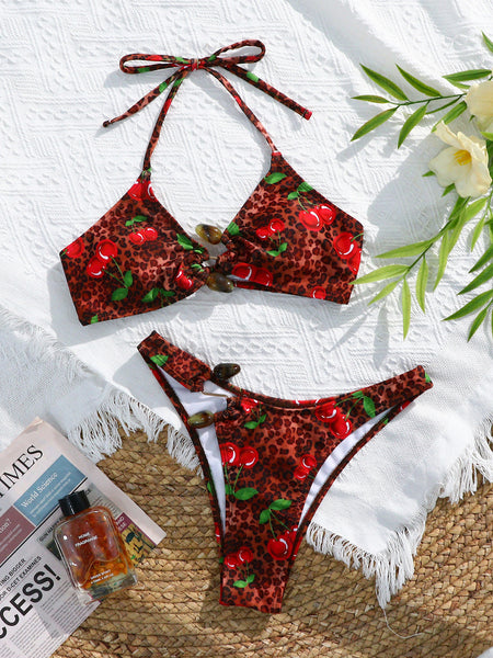 Red Mixed Print Halter Bikini Set