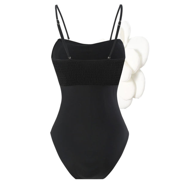 Solid Shoulder Strap Flower Décor One Piece Swimsuit with Skirt Black