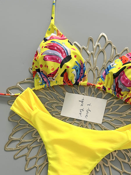 Yellow Fruit Print Halter Bikini Set