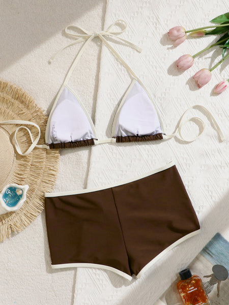 Dark Brown Solid Boyshort Bikini Set