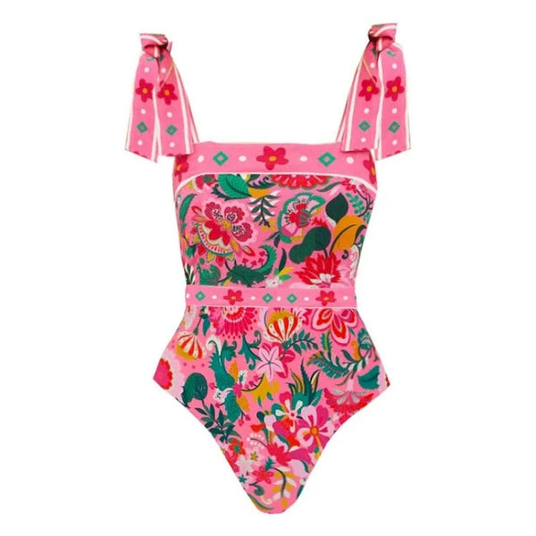 Pink Tropical Monokini Swimsuit With Beach Skirt