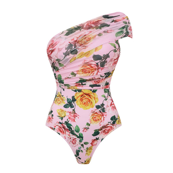 Light Pink Floral One Shoulder One Piece Swimsuit With Beach Skirt