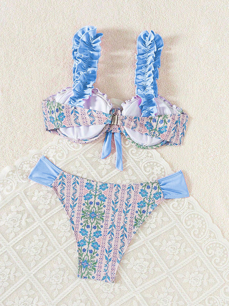 Light Blue Floral Ruffle Bikini Set